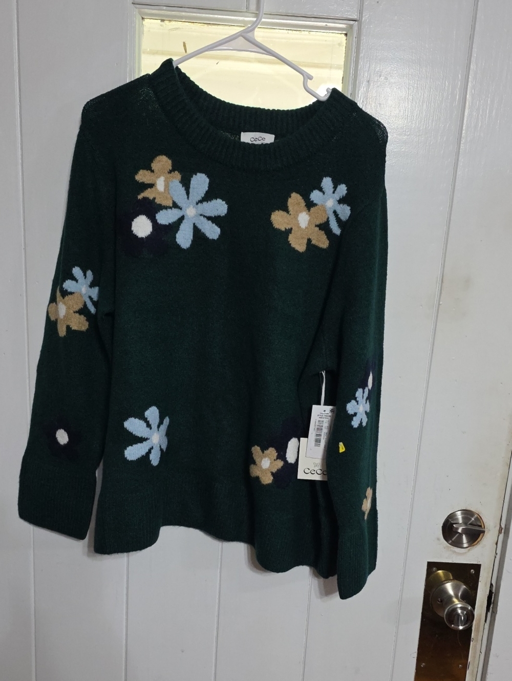 NWT CeCe Forest Green Retro Floral Knit Sweater Crew Neck Squisht Soft Sz 1X